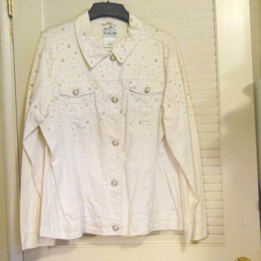 Quacker Factory White Embellished Denim Jacket Size Large